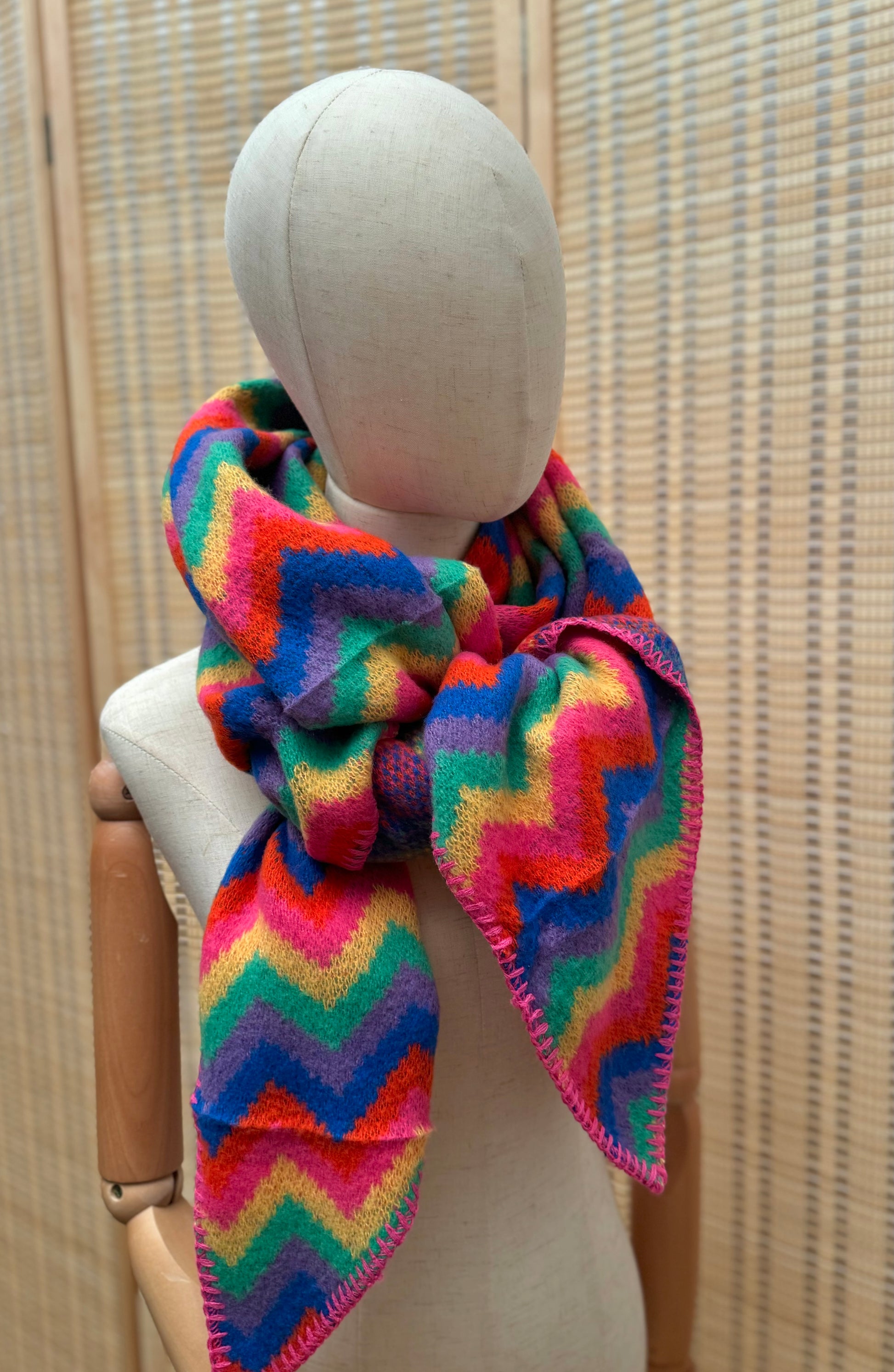 Zig Zag Knit Rainbow Stripe Wool Blend Scarf - Mult