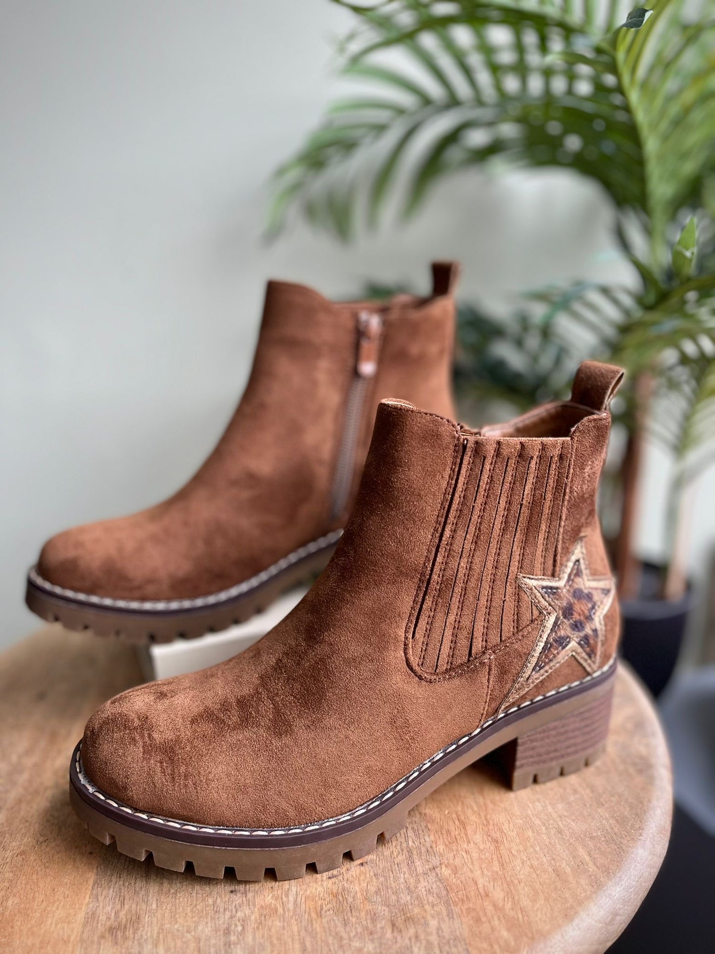 Tan Faux Suede Ankle Boots With Leopard Print Star
