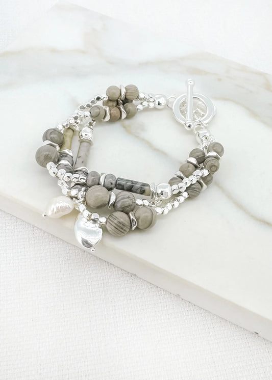 Envy Jewellery Multi Layer Silver & Grey Beaded Bracelet With Chunky T Bar Fastening & Pearl Charm