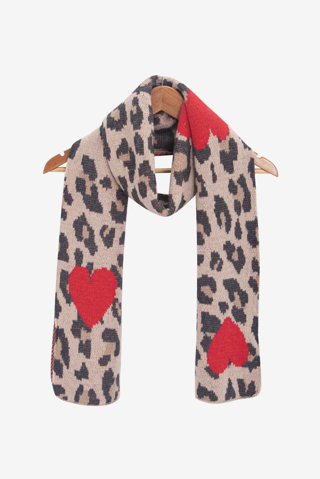 Neutral Leopard Print Knitted Scarf With Red Hearts