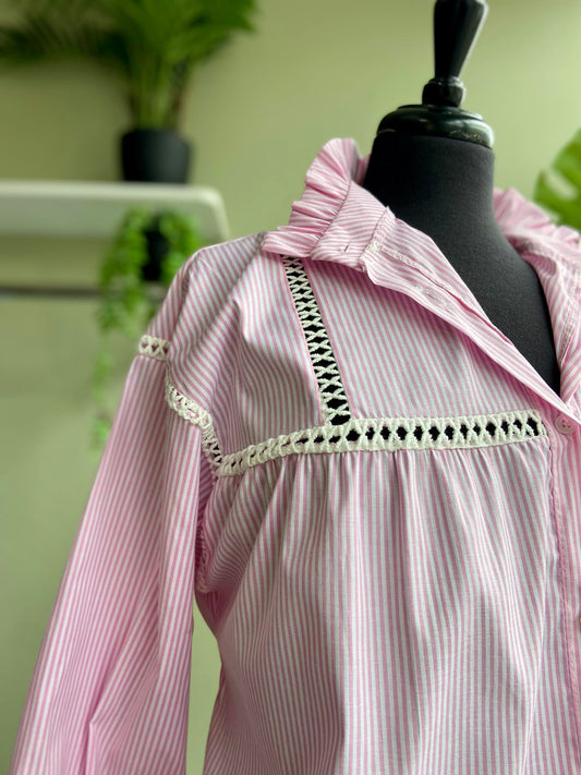 Victoria Pink & White Striped Embroidered Frill Collar Shirt