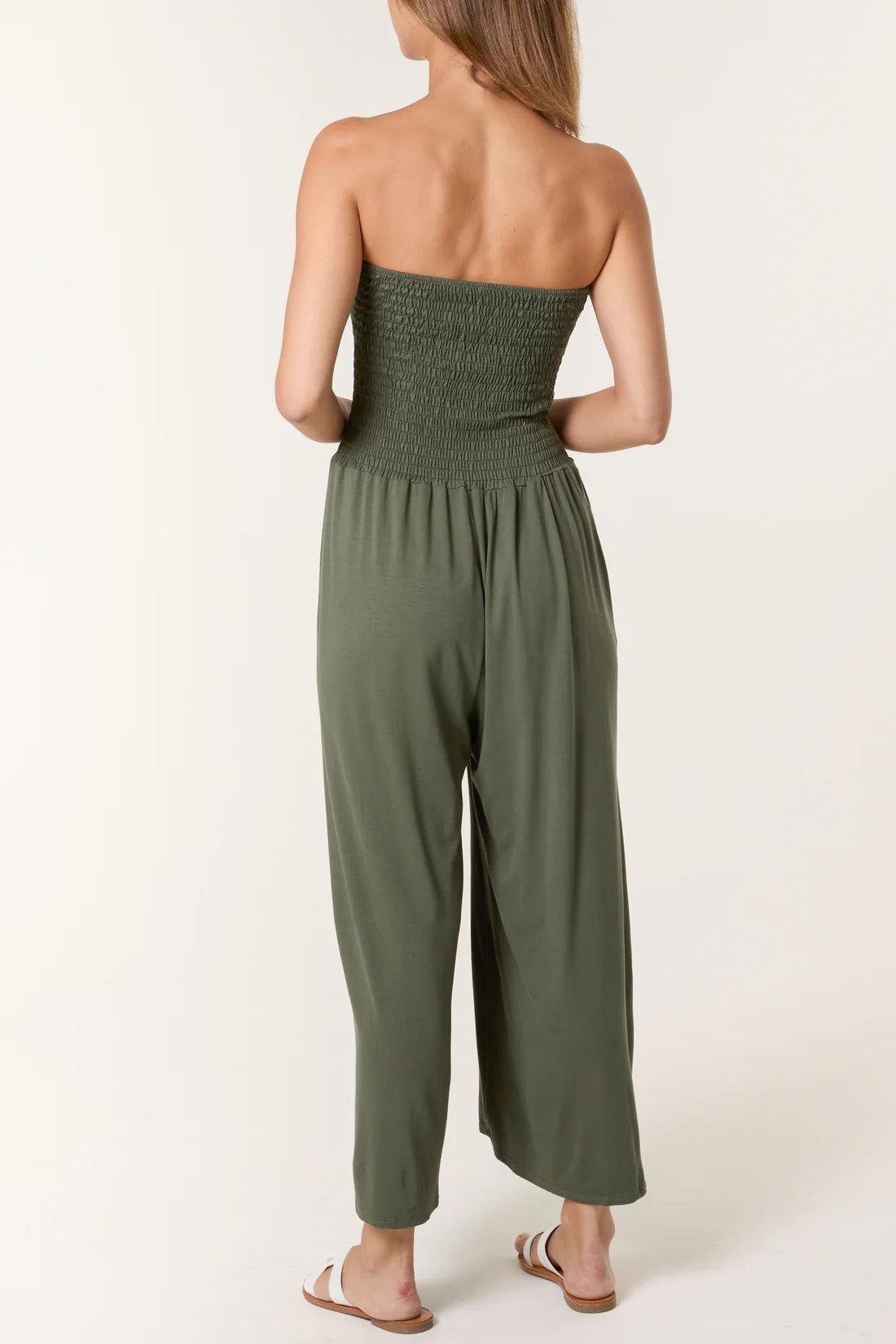 Saira Jersey Jumpsuit With Shirred Bandeau Bodice & Wide Leg - Khaki Or Denim