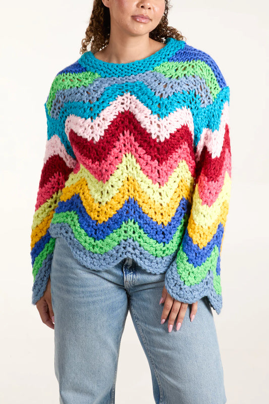 Rainbow Multicolour Chunky Crocheted Jumper With Scalloped Edge 