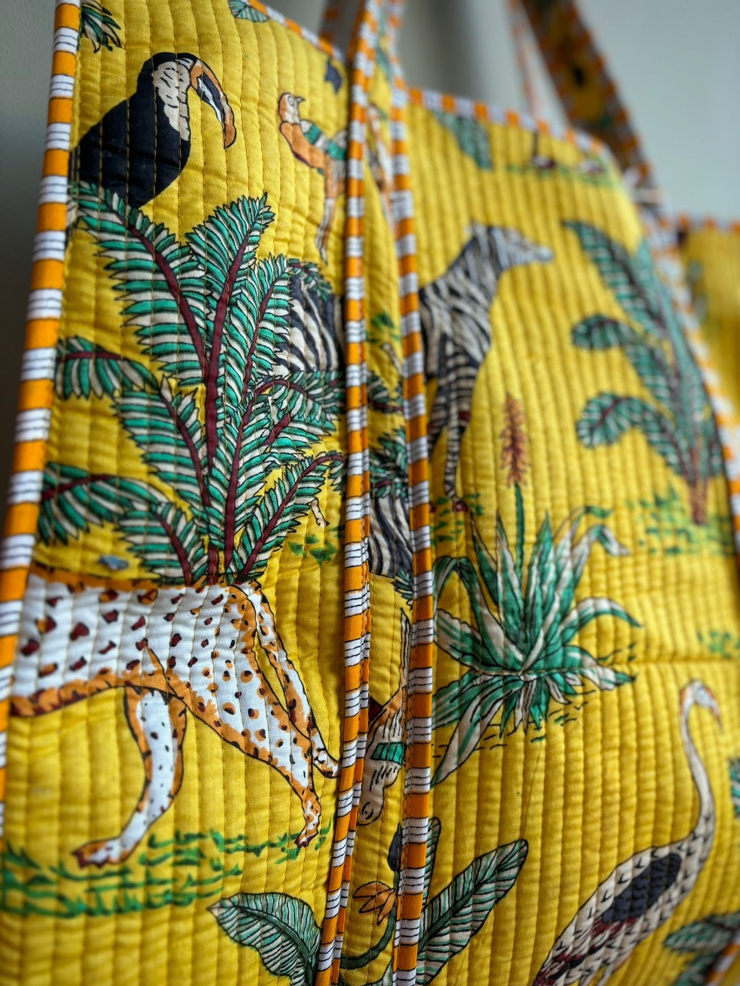 Quilted Kantha Bag With Striped Lining - 100% Cotton - Yellow Jungle Leopard Print