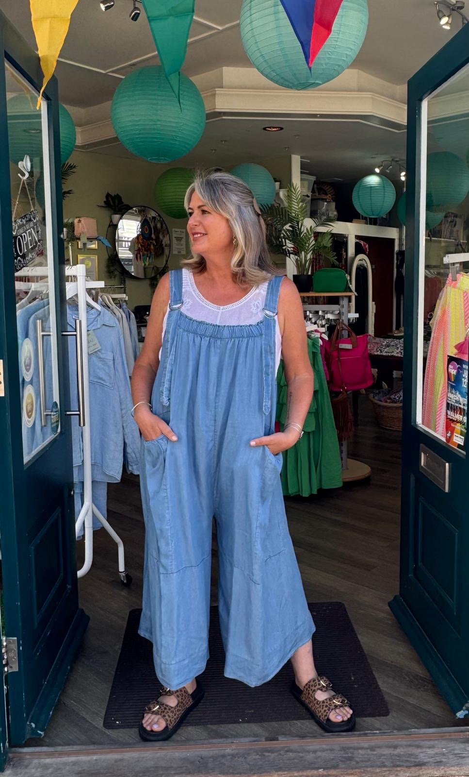 Carla Loose, Gathered Wide Leg Dungarees - Light Denim Chambray
