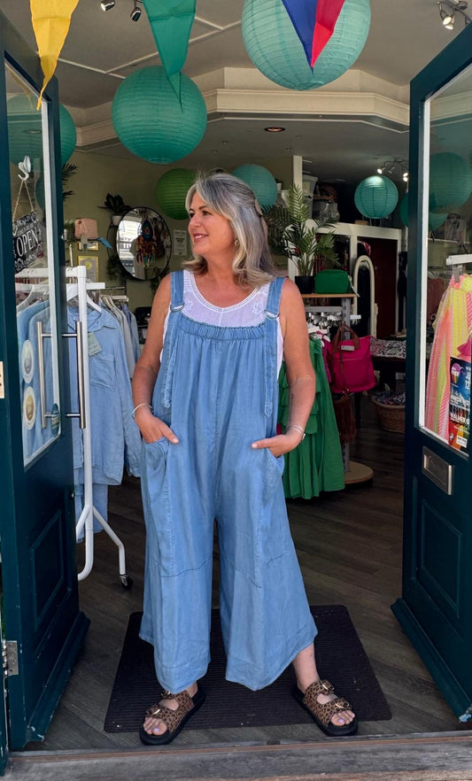 Carla Loose, Gathered Wide Leg Dungarees - Light Denim Chambray
