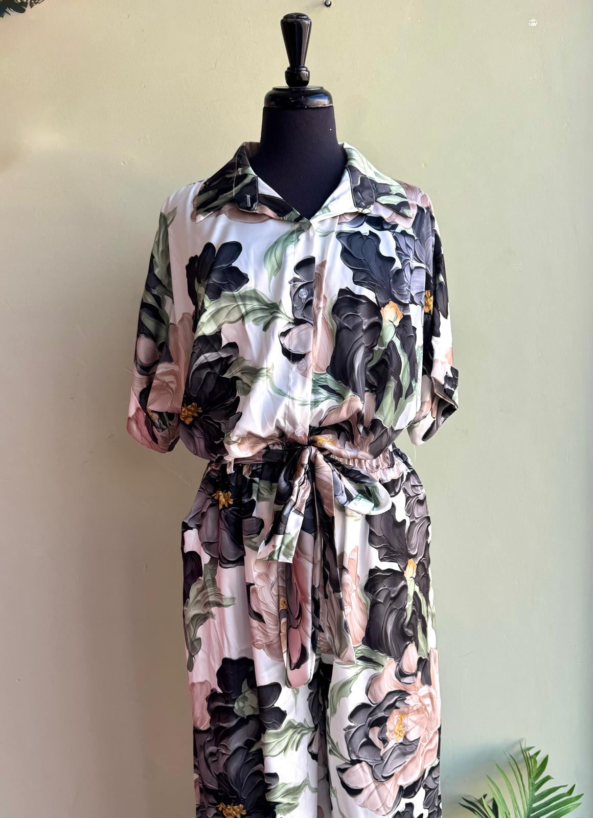 Ginny Floral Satin Co-Ord Shirt & Trousers Set - Green Or Black