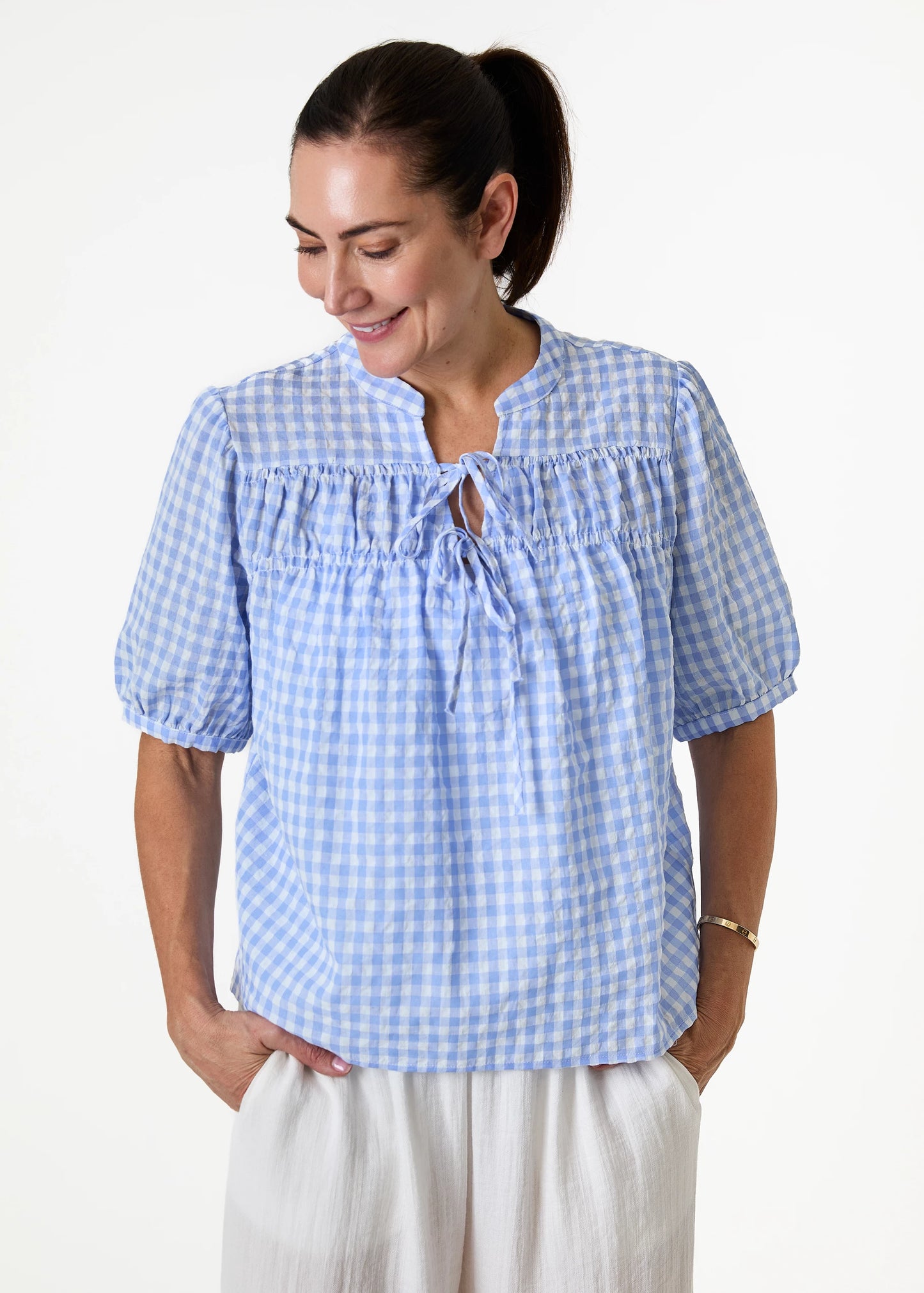 Aggie Gingham Tie Neck Short Sleeve Blouse - Black Or Blue