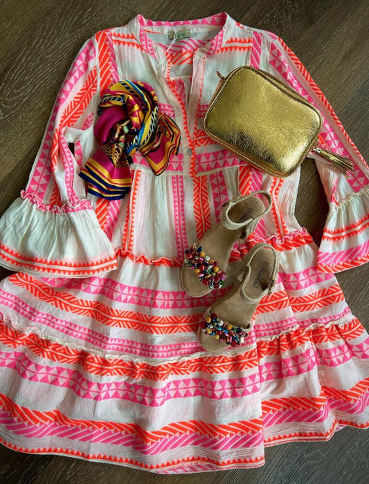 Mamma Mia Short Cotton Woven Aztec Dress - Neon Pink & Orange