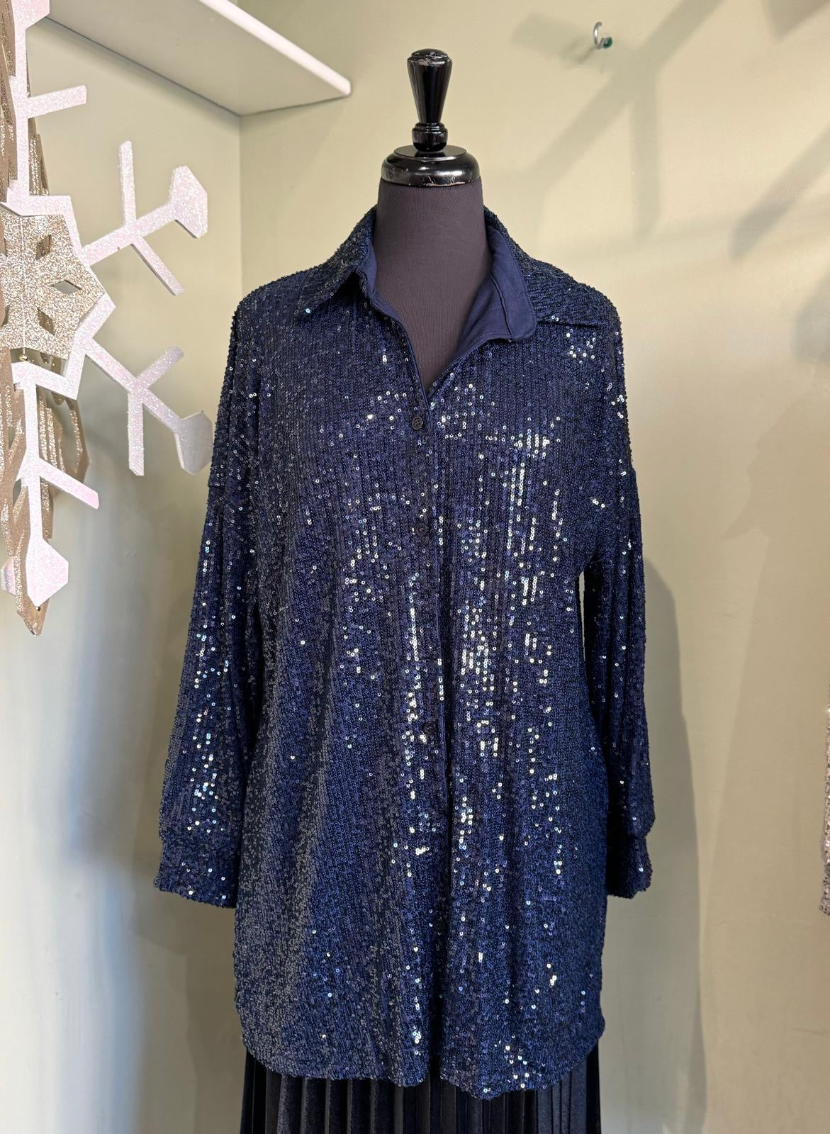 Navy blue long sequin shirt