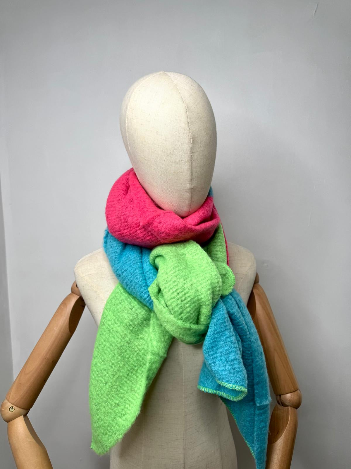 Large Cosy Wool Blend Bright Colour Block Scarf - Green & Pink or Pink & Purple