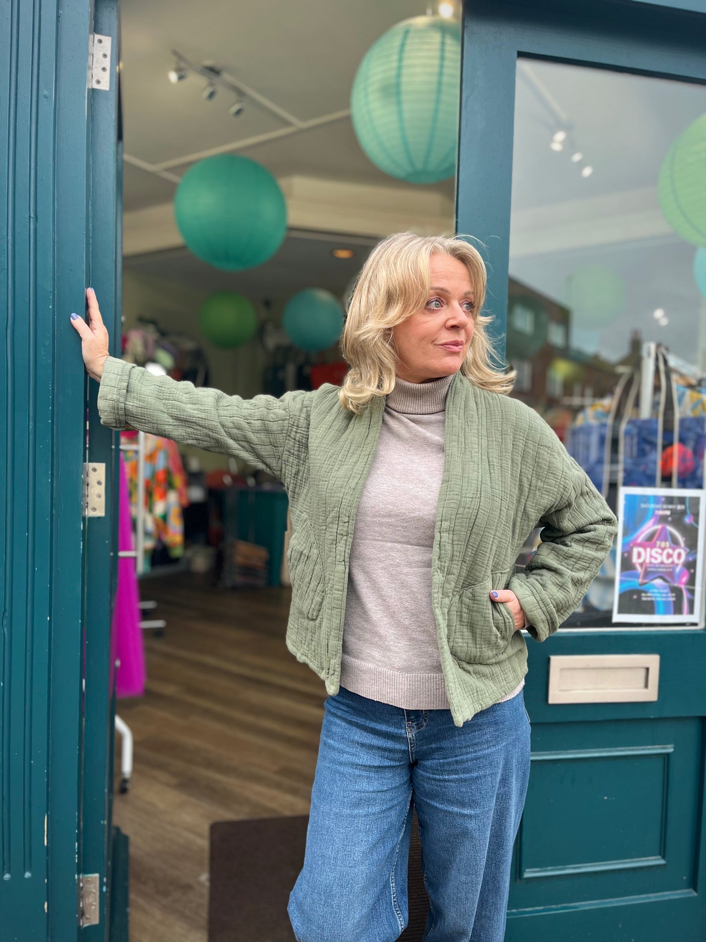 Short Quilted Cotton Kimono Jacket khaki 