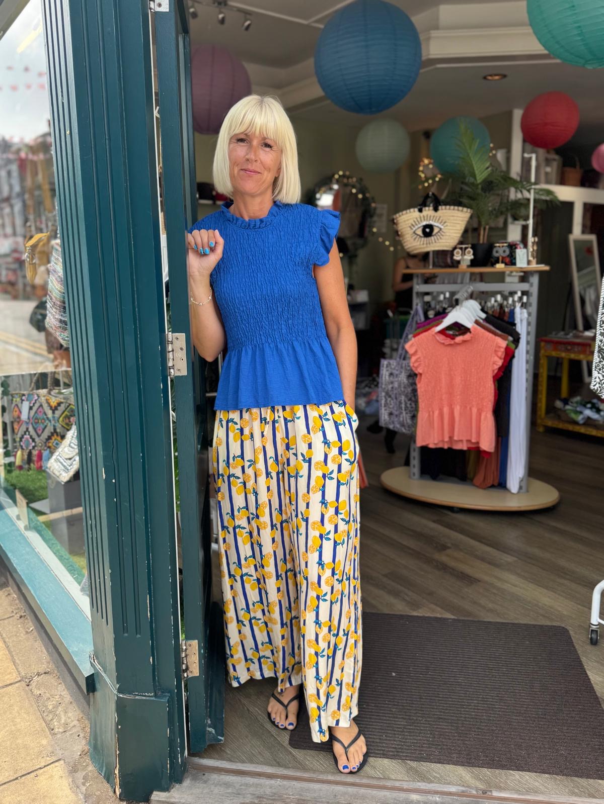 Lemon & Stripe Print Wide Trousers