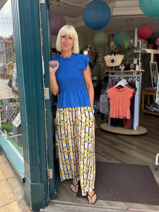 Lemon & Stripe Print Wide Trousers