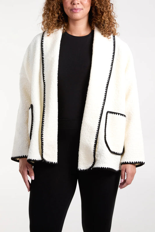 Blanket Stitch Trim Boucle Fleece Jacket - Winter White & Black