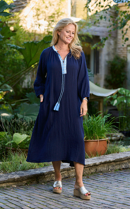 Evelyn Navy Blue Cotton Maxi Dress With Long Sleeves, Embroidery & Tassel Trim