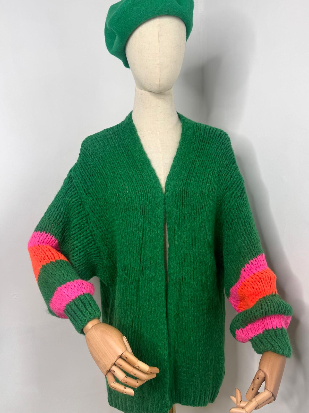 Kelly Green Chunky Knit Cardigan With Multi Stripe Cuffs