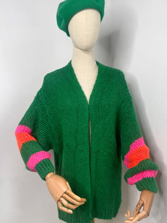 Kelly Green Chunky Knit Cardigan With Multi Stripe Cuffs