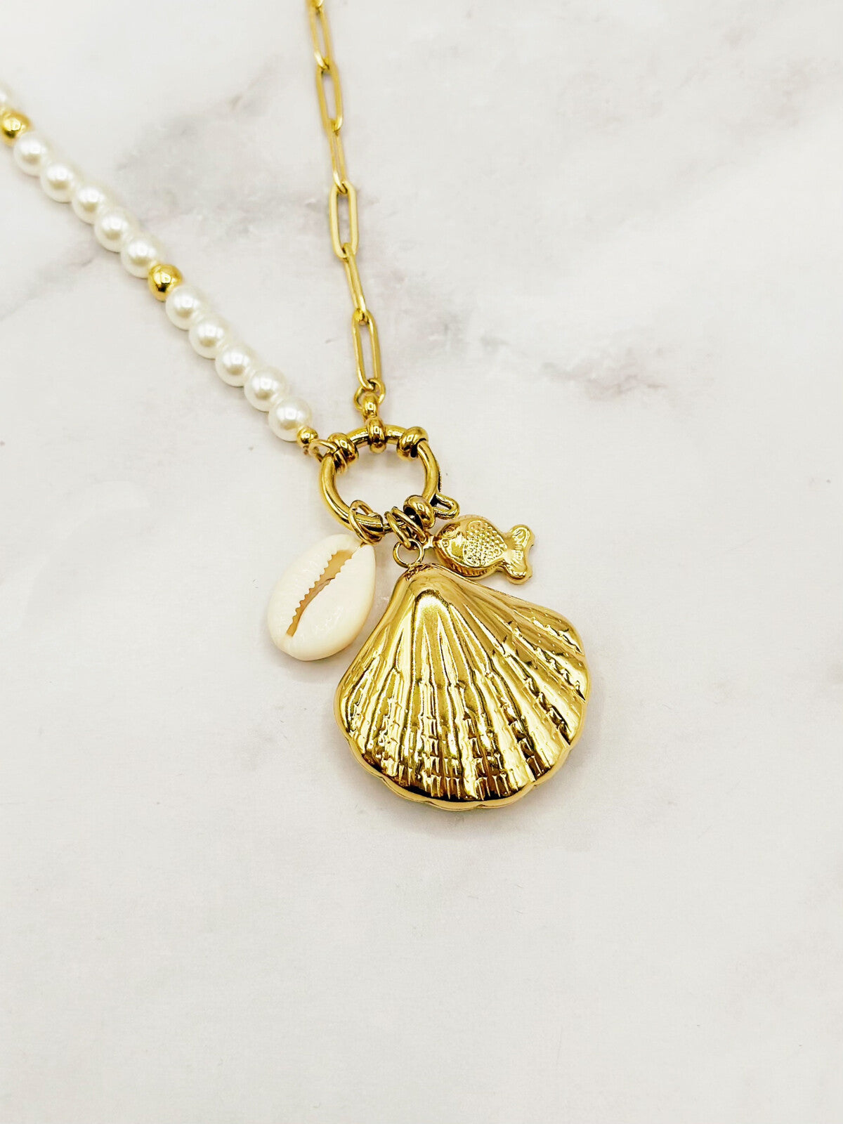 Pearl & Gold Chain Short Necklace With Shell & Fish Charms
