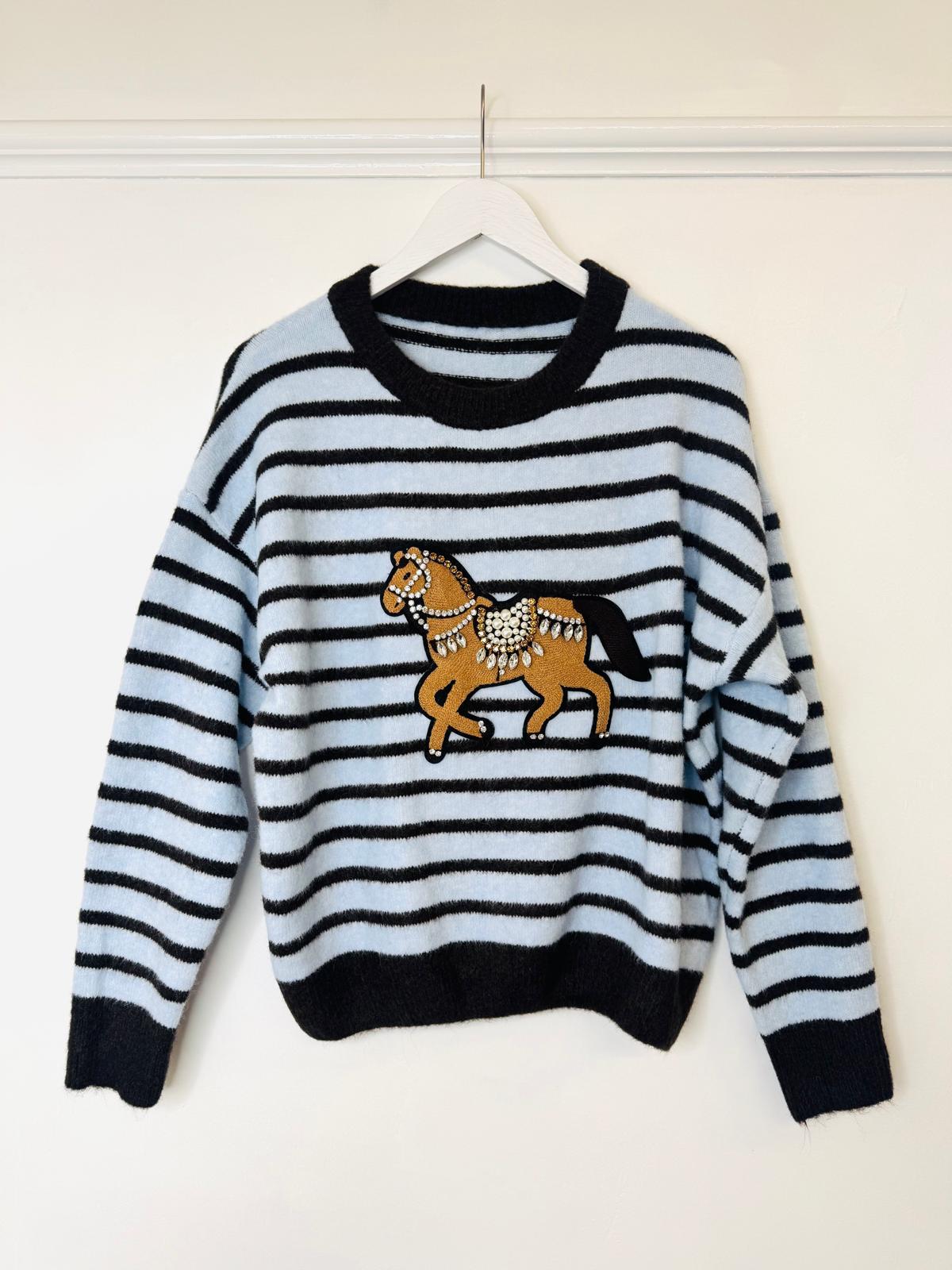 Victoria Powder Blue & Chocolate Brown Striped Jumper With Embellished Pony Appliqué