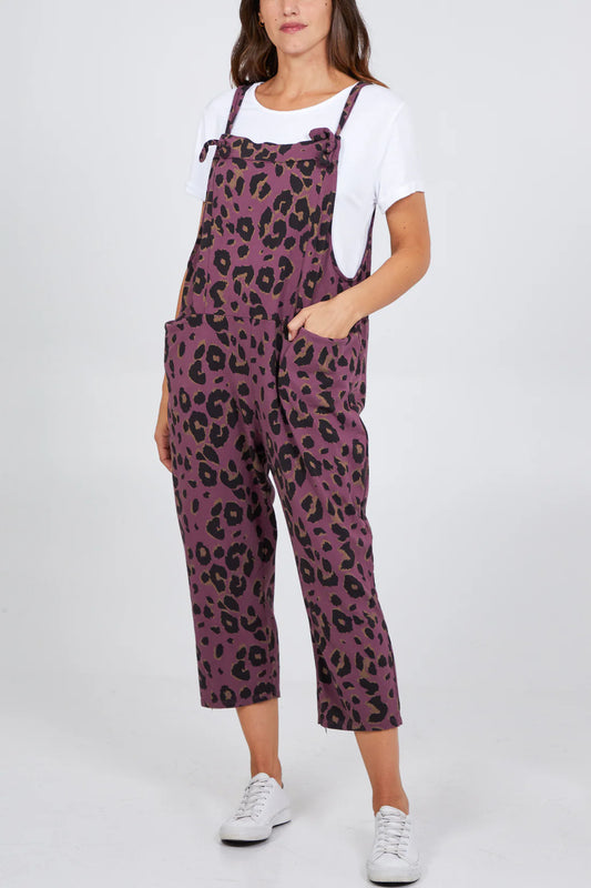 Debs Leopard Print Jersey Dungarees - Wine, Palm Green, Cerise Pink Or Beige