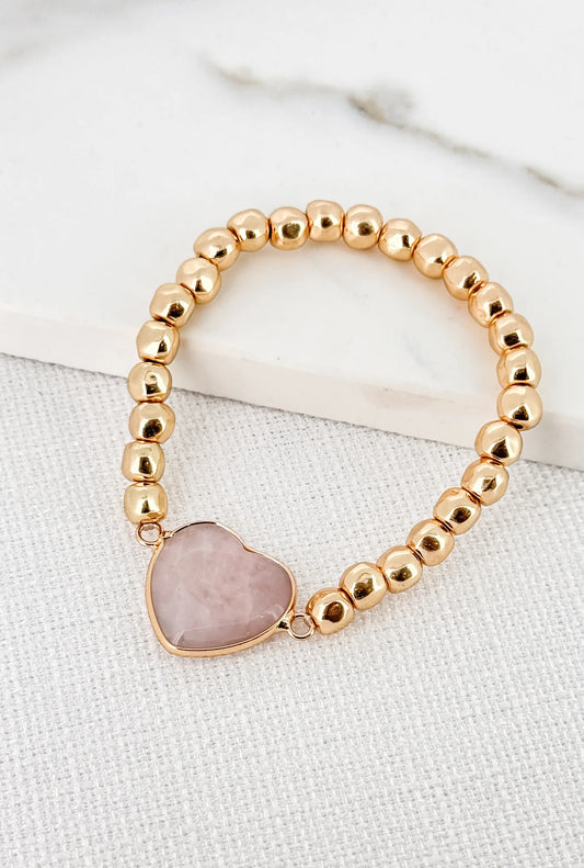 Envy Jewellery Gold Stretch Beaded Bracelet With Pink Agate Heart