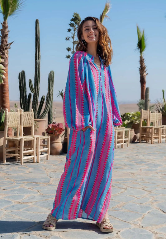 Abigail Striped Collarless Boho Maxi Shirt Dress 100% Cotton (Blue & Pink)