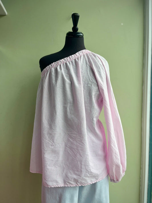 Nellie One Shoulder Top - Pink Or Blue Seersucker