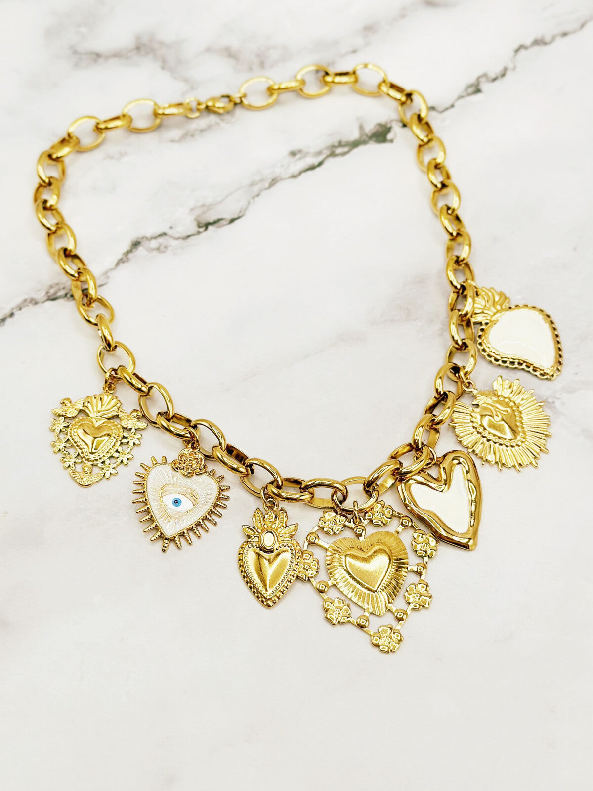 Chunky Gold Sacred Heart Style Charm Necklace