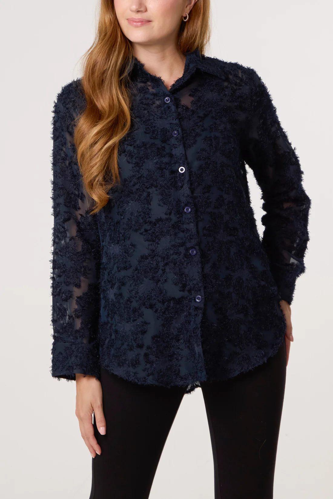 Chrissie Navy  Devore Floral Shirt With Satin Camisole