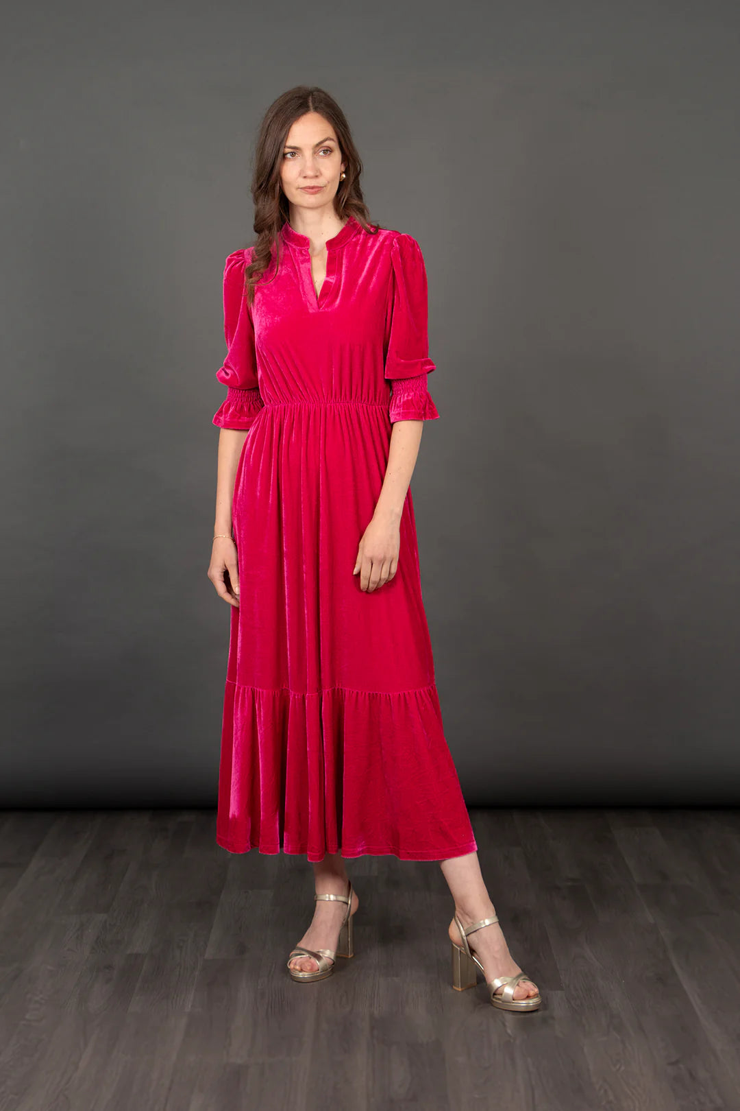 Nigella Fuchsia Pink Velvet Midi Dress