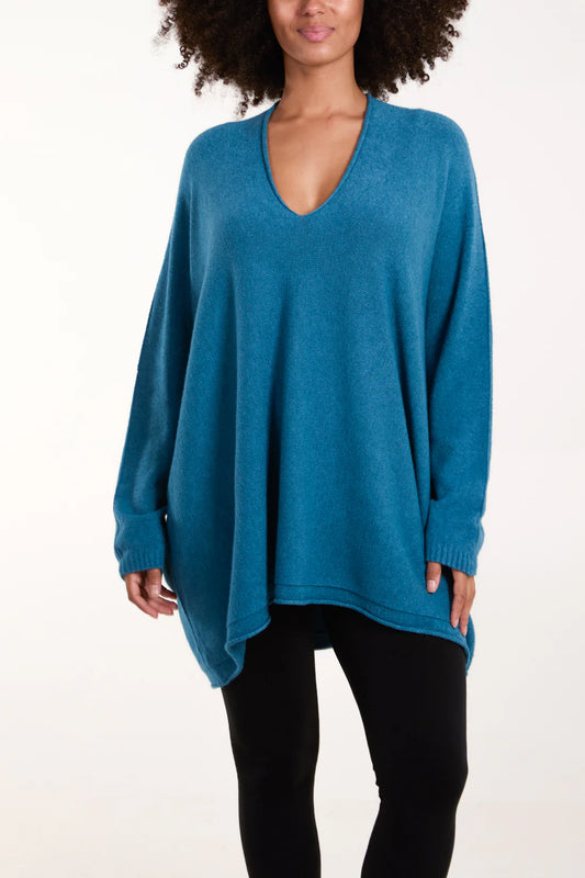 Tamarisk Curve V Neck Longline Slouchy Jumper - Teal Or Olive Green