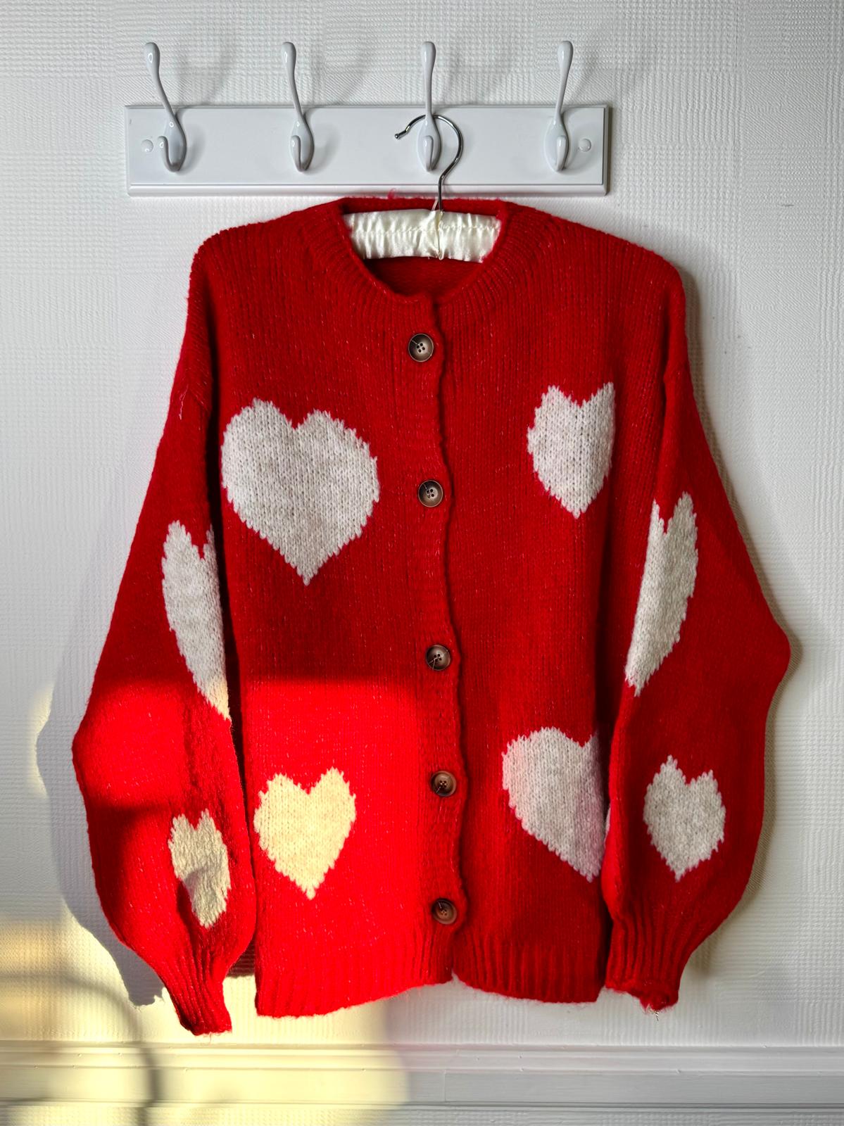 Valentine Heart Cardigan - Red & White Wool Blend