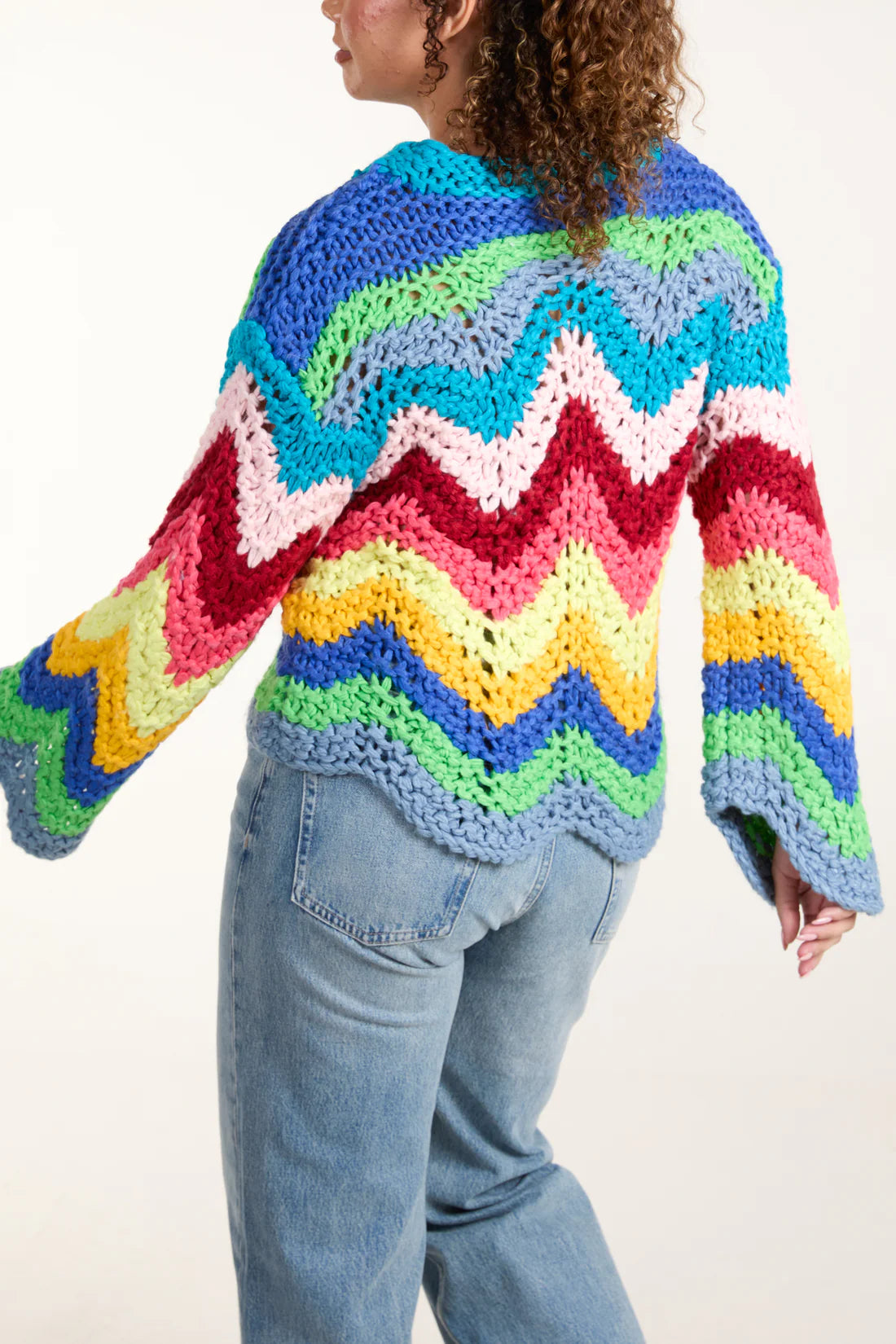 Rainbow Multicolour Chunky Crocheted Jumper With Scalloped Edge 