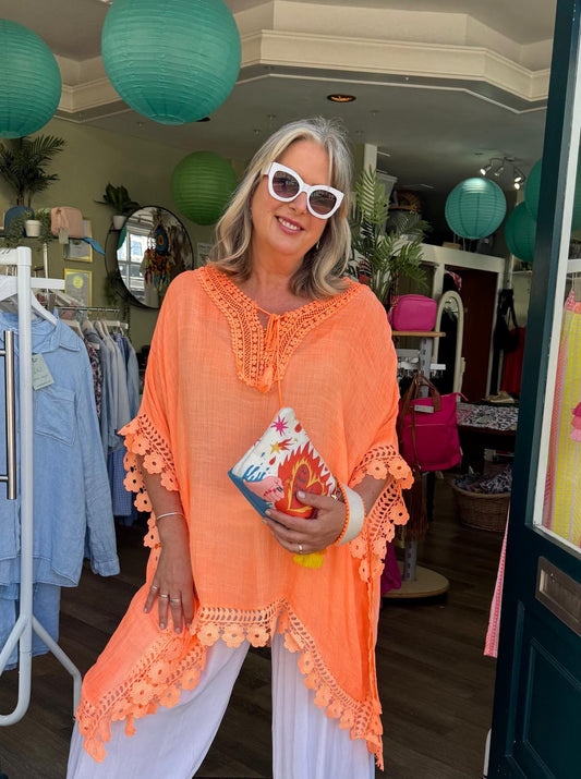 Sandra Loose Crinkle Cotton Kaftan With Lace Trim & Tassels - Neon Orange