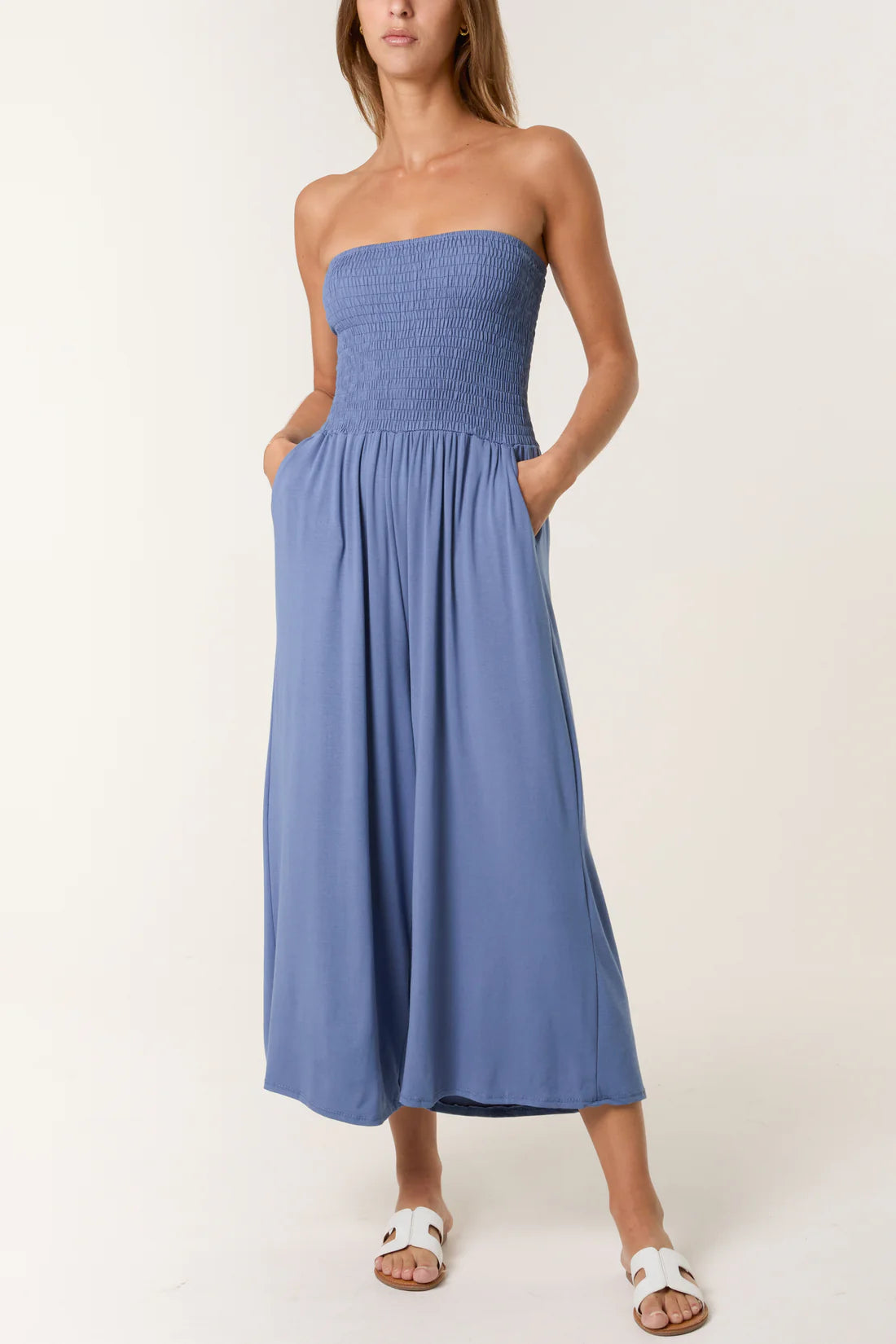 Saira Jersey Jumpsuit With Shirred Bandeau Bodice & Wide Leg - Khaki Or Denim