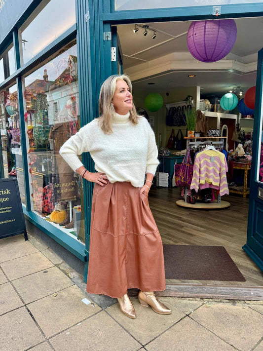Portia Tan Faux Leather Midaxi Skirt With Large Pockets
