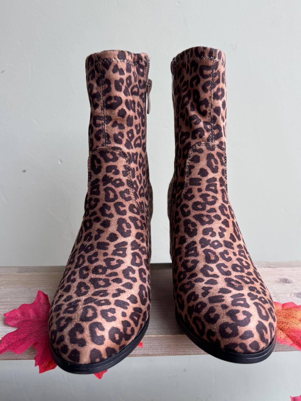 Leopard Print Block Heel Faux Suede Ankle Boots