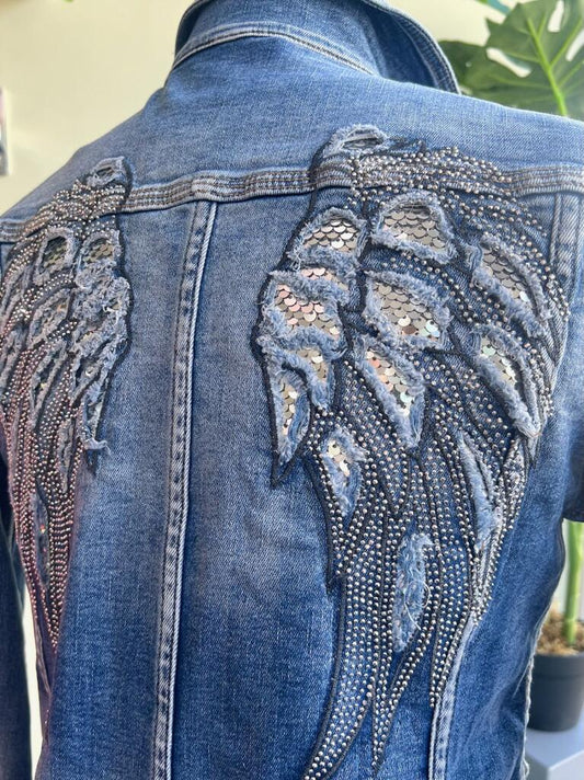 Angelica Distressed Denim Jacket With Silver Sequin Angel Wings