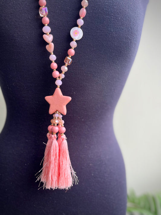 Star Detail Long Beaded Tassel Necklace - Coral Tones