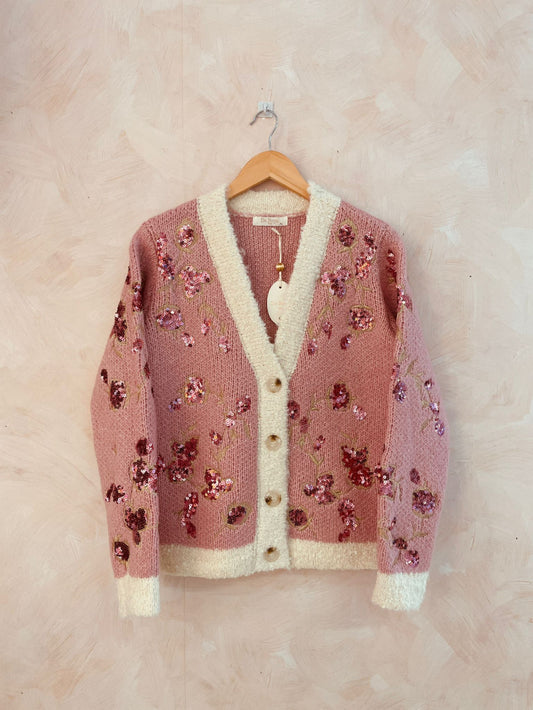 Armande Wool Blend Sequin Flower Embellished Cardigan - Dusky Pink