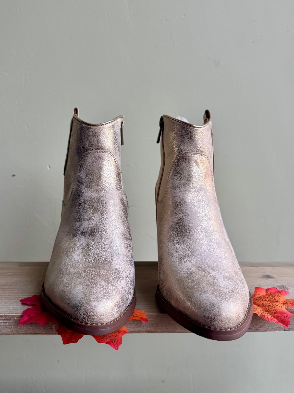 Matte Antiqued Gold Cowboy Ankle Boots