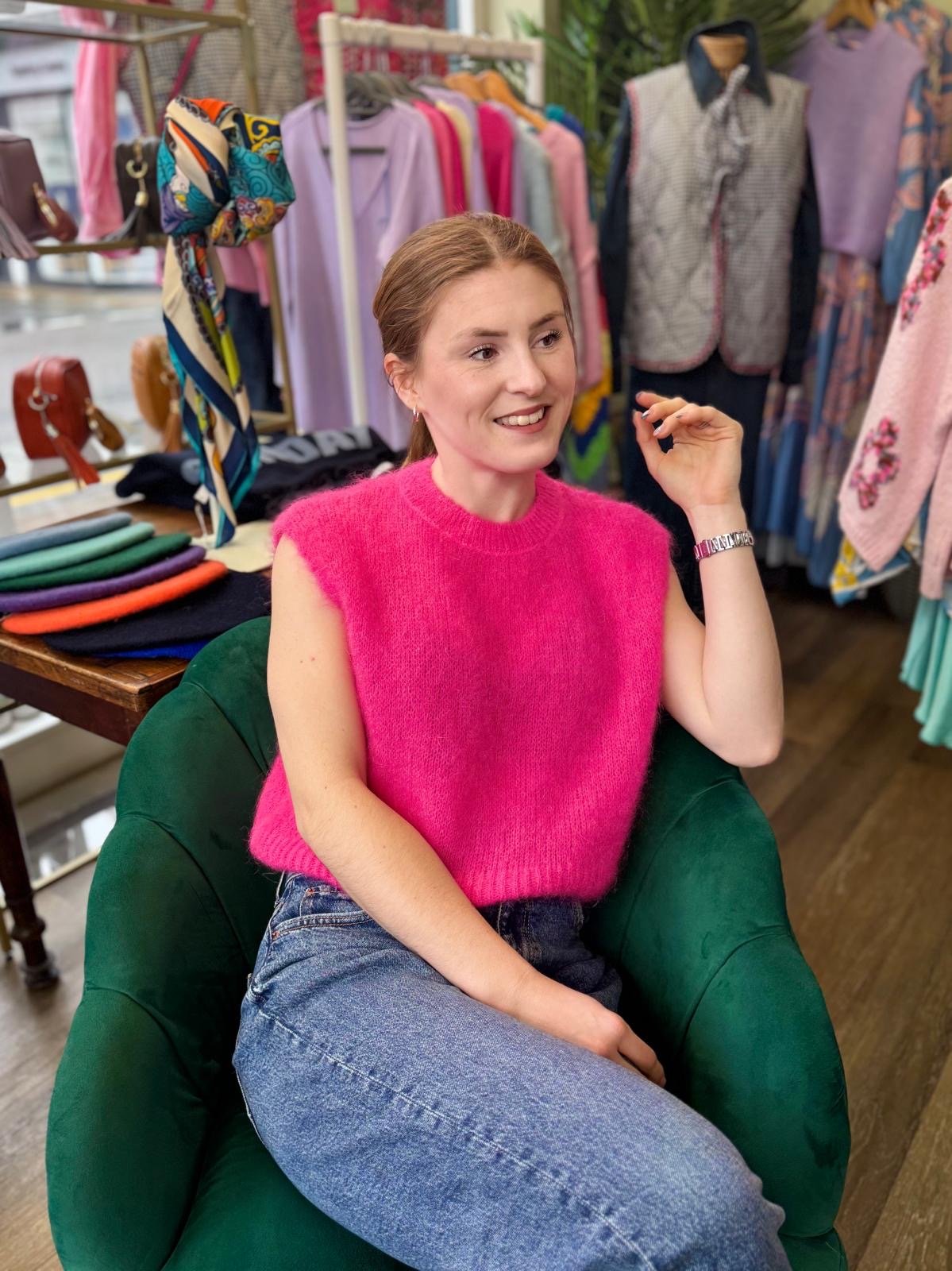 Emma Mohair Blend Round Neck Tank Top - Cerise Pink