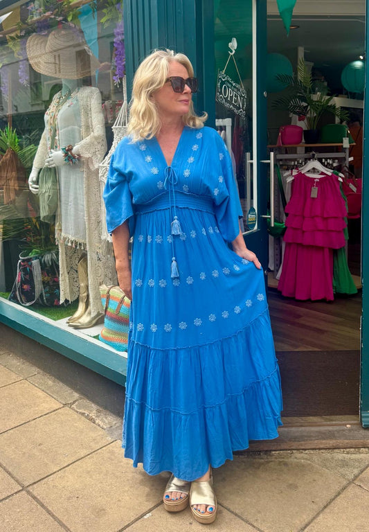 Emma Boho Angel Sleeve V Neck Tiered Maxi Dress - Cornflower Blue