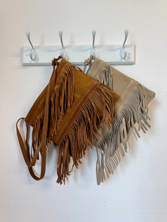 Maya Real Suede Boho Fringed Shoulder Bag - Tan Or Beige