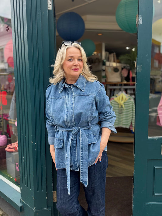 Jenna Denim Belted, Collared Utility Style Jacket