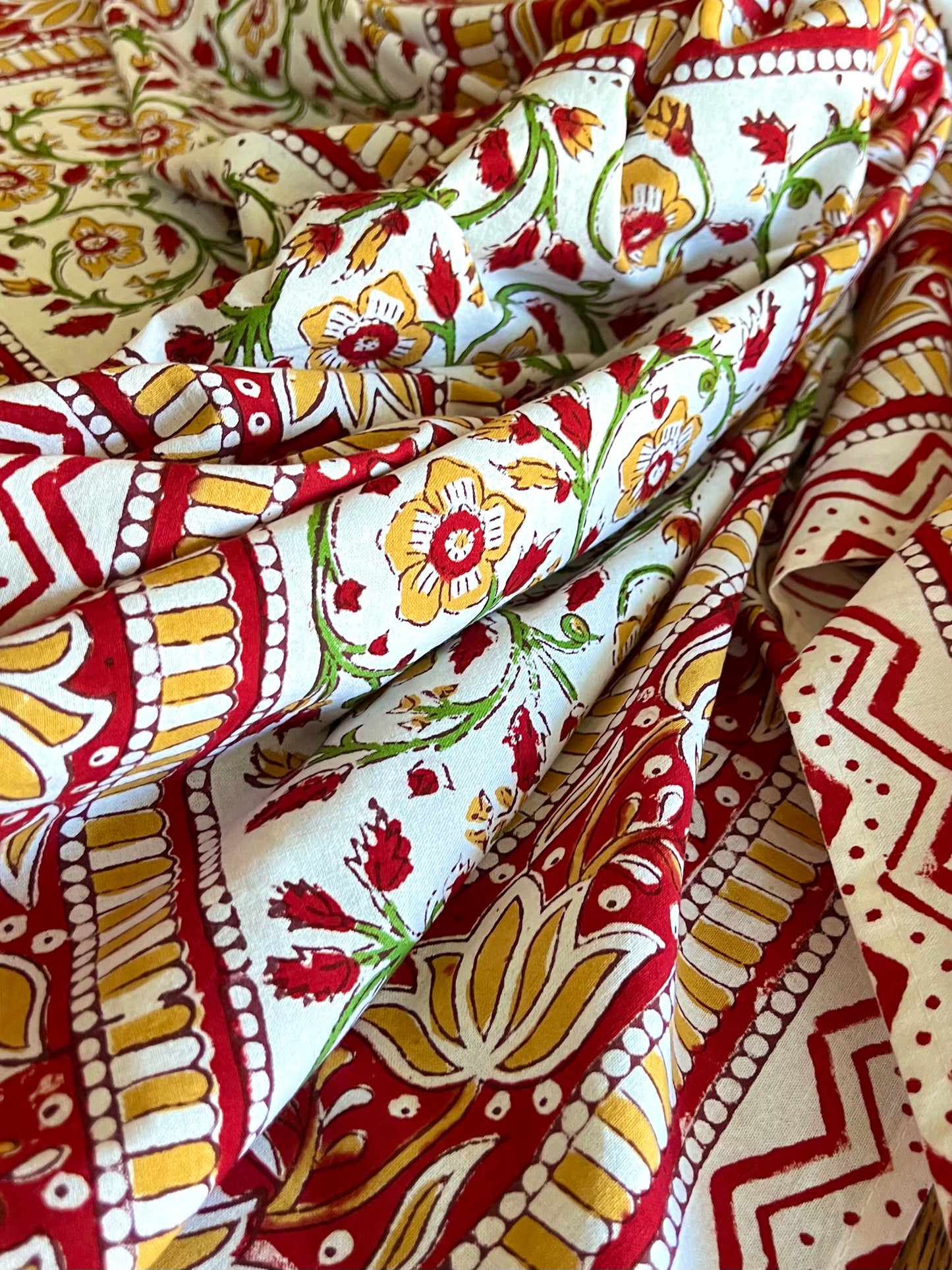 Hand Block Printed Indian Cotton Tablecloth - Winter Tudor (Reds & Greens)