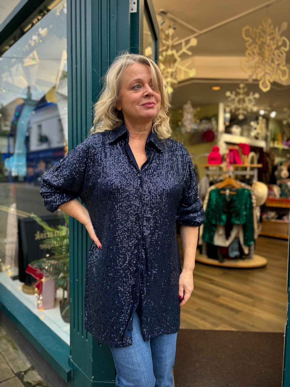 Navy Blue Long Sequin Shirt 