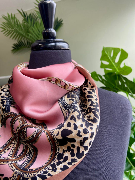 Nanette Small Square Silk Mix Scarf - Pink Leopard & Chain Print