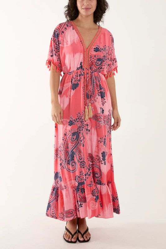 Flora Paisley Print Tassel Maxi Dress - Coral